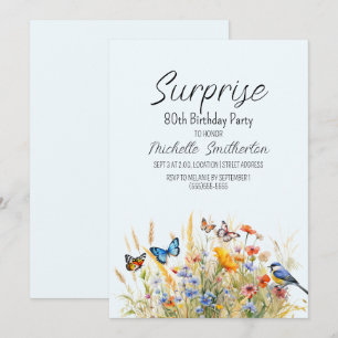 Invitation Fleurs sauvages Papillons Oiseaux Surprise 80ème