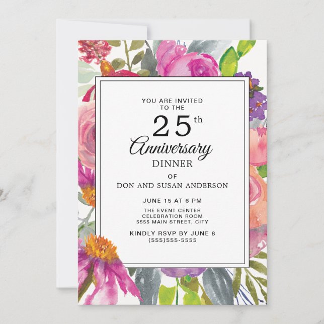 Invitation Fleurs sauvages rose pourpre 25e anniversaire de M (Devant)