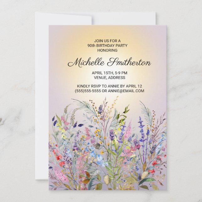 Invitation Fleurs sauvages rose violet jaune 90e anniversaire (Devant)
