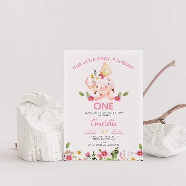 Invitation Fleurs sauvages roses Little Piggy 1ère fête d'ann (Editable Pig Birthday Invitation, Little Piggy 1st Birthday Invite, Little pig, Pink Floral Piggy )