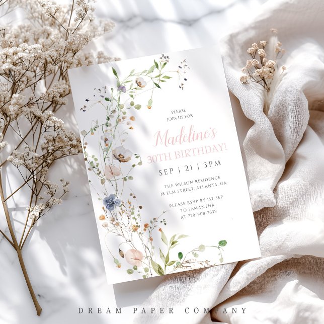 Invitation Fleurs sauvages roses pour 30 ans (Créateur téléchargé)