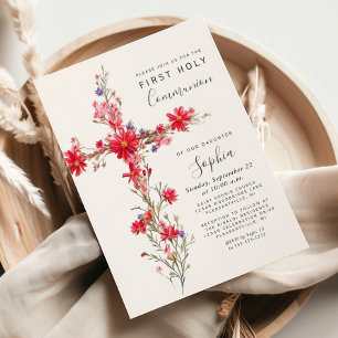 Invitation Fleurs Sauvages Rouges Croix Florale Première Comm