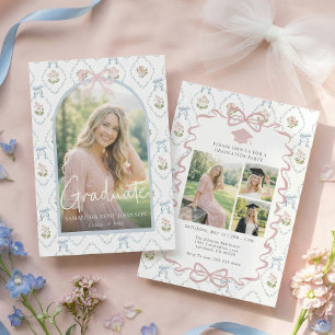 Invitation Fleurs sauvages Ruban rose Quatre Photos Remise de