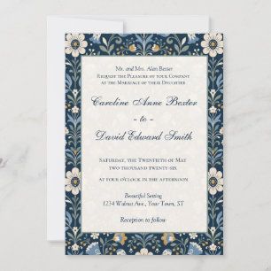 Invitation Fleurs Sauvages Scandinaves Modernes sur Fond Bleu