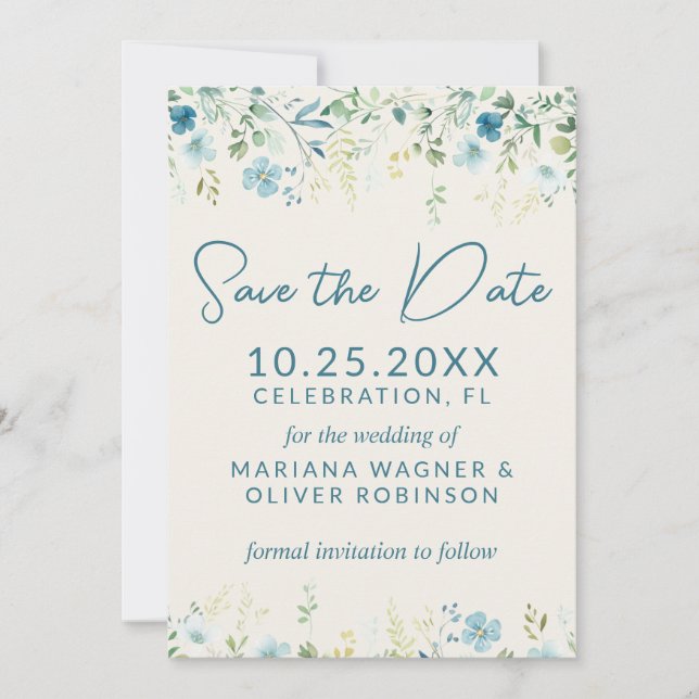 Invitation Fleurs sauvages turquoises Bleu Beige Enregistrer  (Devant)
