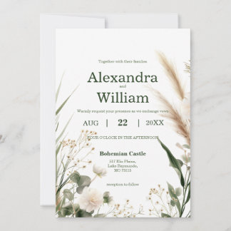 Invitation Fleurs sauvages vert sauge et Boho Pampas Photo