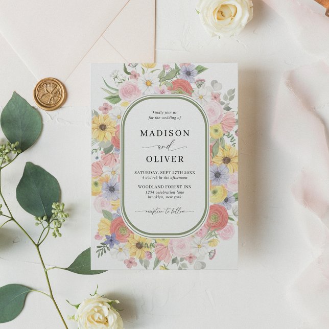 Invitation Fleurs sauvages vertes Floral Aquarelle Mariage (Créateur téléchargé)