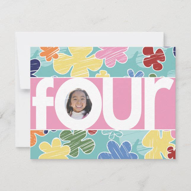 Invitation Fleurs scintillantes 4e fête d'anniversaire rose (Devant)