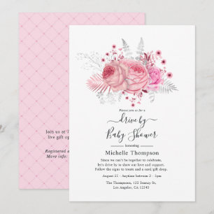 Invitation Fleurs scintillantes rose et argent pour une douch