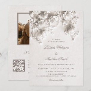 Invitation Fleurs sculptées blanches Roses Mariage 3D