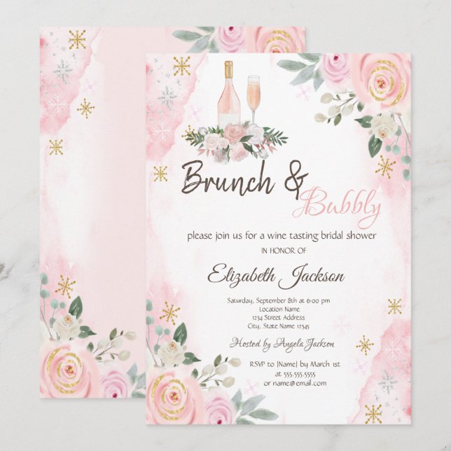 Invitation Fleurs Snowflakes Brunch & Bubbly Fête des mariées (Devant / Derrière)