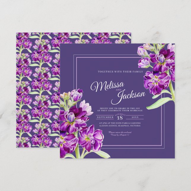 Invitation Fleurs stocks violet aquarelle mariage (Devant / Derrière)