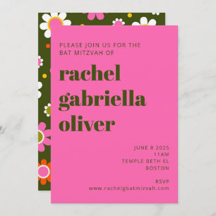 Invitation Fleurs super rétro brillant rose gras Bat mitzvah