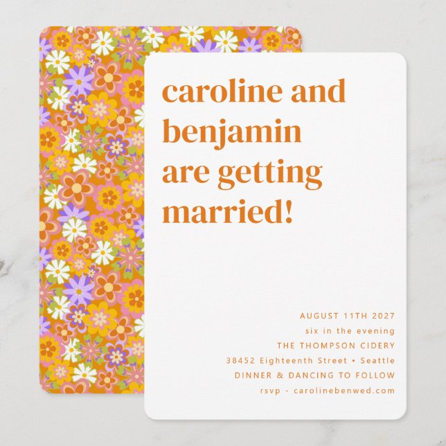 Invitation Fleurs super Retro Orange Tout en un Mariage (Devant / Derrière)