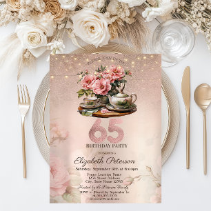 Invitation Fleurs Tea Cup Pailletées Rose Doré 65ème
