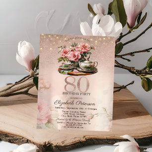 Invitation Fleurs Tea Cup Paillettes Rose Gold 80e Anniversai