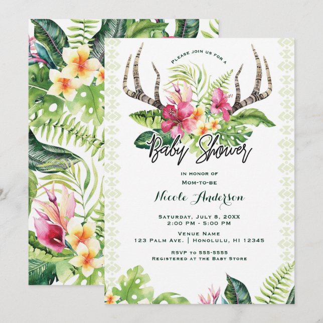 Invitation Fleurs tropicales Boho Rustic Antler Baby shower (Devant / Derrière)