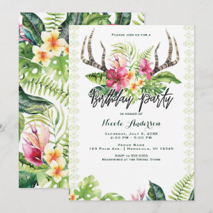 Invitation Fleurs Tropicales Boho Rustique Cerf Anniversaire
