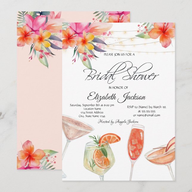 Invitation Fleurs tropicales Cocktails Lumières Fête des mari (Devant / Derrière)