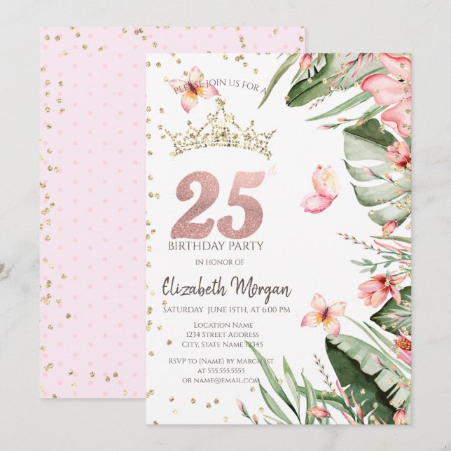 Invitation Fleurs tropicales Diamants Feuille 25e anniversair (Devant / Derrière)