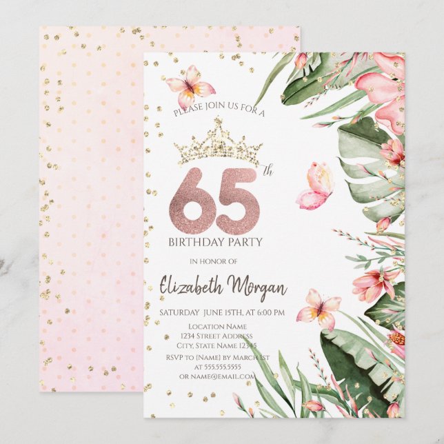 Invitation Fleurs tropicales Diamants Feuille 65e anniversair (Devant / Derrière)
