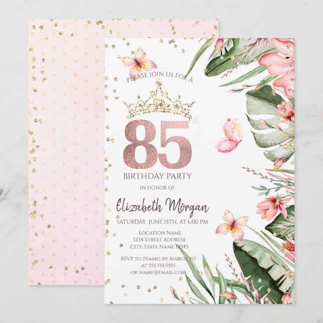 Invitation Fleurs tropicales Diamants Feuille 85e anniversair (Devant / Derrière)