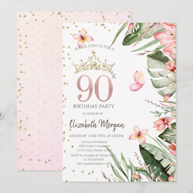 Invitation Fleurs tropicales Diamants Feuille 90e anniversair (Devant / Derrière)