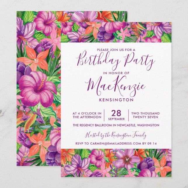 Invitation Fleurs Tropicales Élégantes Chaque année Anniversa (Devant / Derrière)