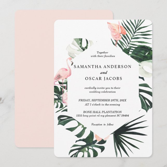 Invitation Fleurs tropicales et beauté Flamant rose rose (Devant / Derrière)