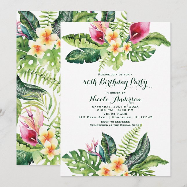 Invitation Fleurs tropicales et fête d'anniversaire florale F (Devant / Derrière)