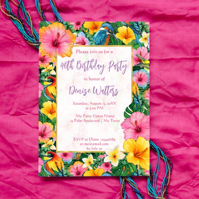 Invitation Fleurs tropicales et oiseaux couleurs vives annive (Créateur téléchargé)