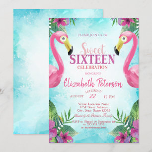 Invitation Fleurs tropicales Flamants roses roses doux 16 fêt