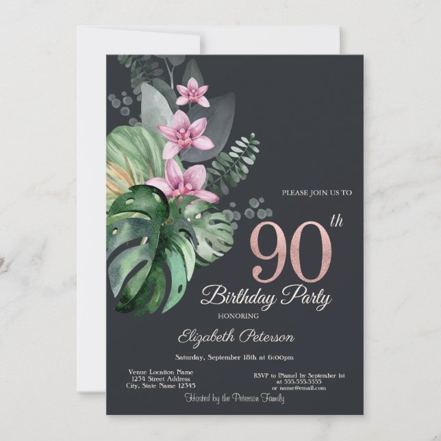 Invitation Fleurs tropicales Foncé 90e anniversaire (Devant)