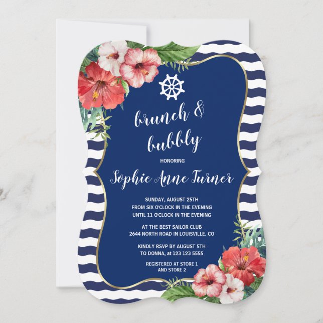 Invitation Fleurs tropicales Luau Navy Stripes Brunch & Bubbl (Devant)