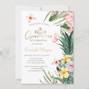 Invitation Fleurs tropicales Papillons Fête des quinze ans An