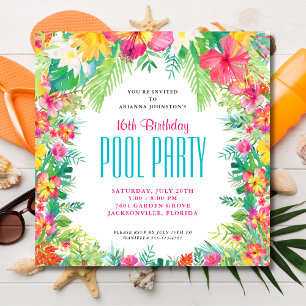 Invitation Fleurs tropicales Piscine Fête Anniversaire