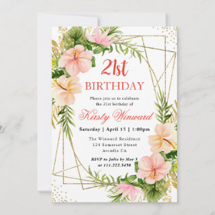 Invitation Fleurs tropicales roses et cadre or 21e anniversai