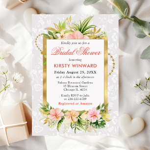 Invitation Fleurs tropicales roses papier doré enterrement de
