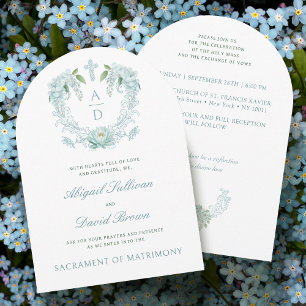 Invitation Fleurs Turquoise Crest Monogrammes Mariage catholi