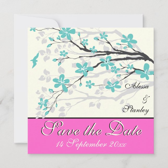 Invitation Fleurs turquoise, mariage rose vif Save the Date (Devant)