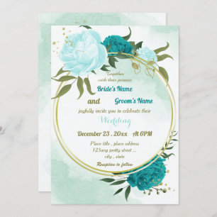Invitation fleurs turquoise vert feuille mariage