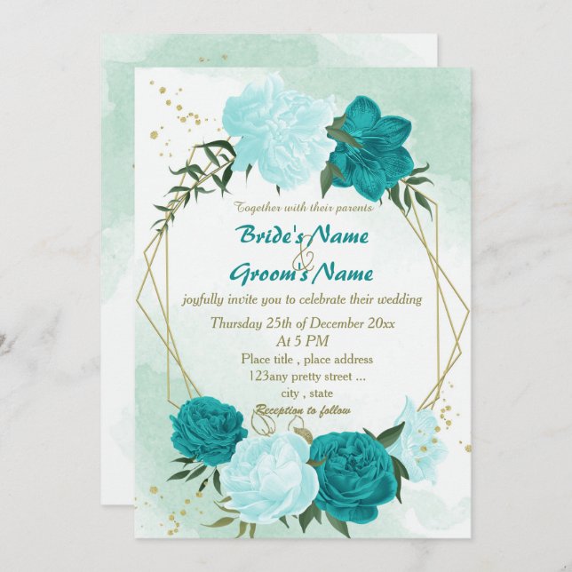 Invitation fleurs turquoise vert feuille mariage (Devant / Derrière)