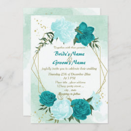Invitation fleurs turquoise vert feuille mariage