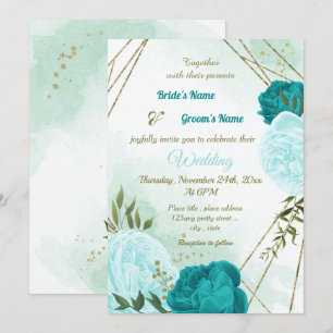 Invitation fleurs turquoise vert feuille mariage