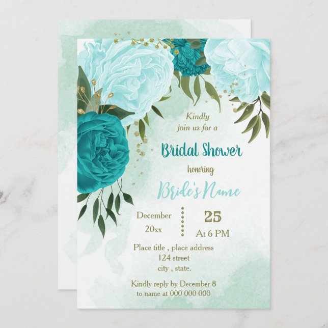 Invitation fleurs turquoise vert feuille nuptiale (Devant / Derrière)