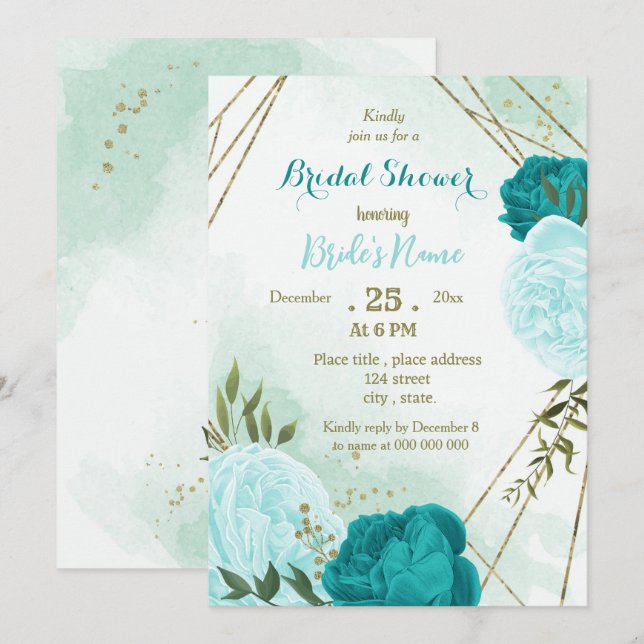 Invitation fleurs turquoise vert feuille nuptiale (Devant / Derrière)