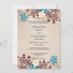 Invitation Fleurs Turquoises vertes, Brown et ivoire Mariage 