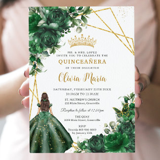 Invitation Fleurs vert émeraude chic Floral Quinceañera