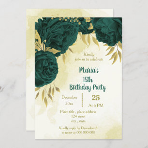Invitation Fleurs vert émeraude or feuilles anniversaire