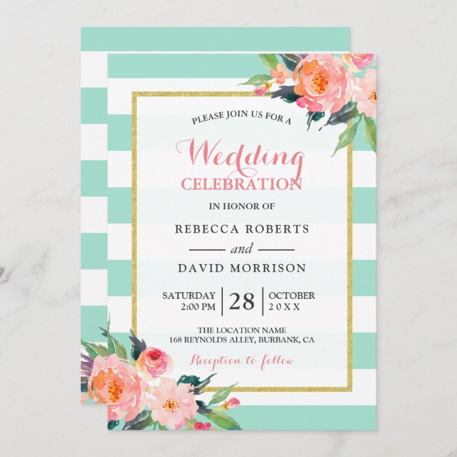 Invitation Fleurs vertes à la menthe moderne Mariage (Devant / Derrière)